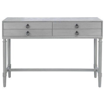 Unique Console Table, 4 Patterned Doors With Ring Metal Pulls, Distressed Gray