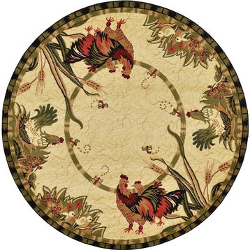 Novelty Round Area Rug 8' Farmland Collection, Creme Rooster