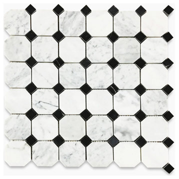 Carrara Marble Octagon Mosaic Vintage Tile Polished 2" Venato Bianco, 1 sheet