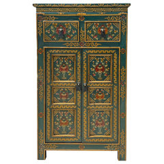 Distressed Teal Green Blue Flowers Graphic 4 Drawers End Table Nightstand cs7357S Distressed Teal Green Blue Flowers Graphic 4 Drawers End Table Nightstand cs7357S
