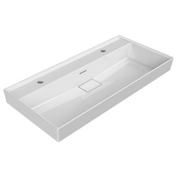 Trough Ceramic Wall Mounted or Drop In Sink, Two Hole