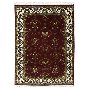 Burgundy Red, Wool and Silk Hand Knotted, Rajasthan Design Mat Rug, 2'1"x3'2"