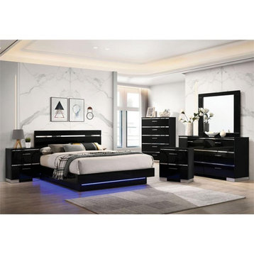 FOA Malva 6pc Black Wood Bedroom Set-Queen+2 Nightstands+Chest+Dresser+Mirror
