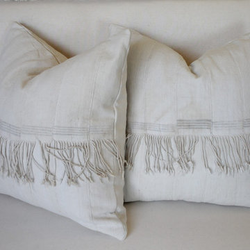 Pair of Creamy White African Mudcloth Pillows with Original Fringe Accents