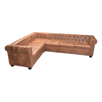 vidaXL Chesterfield Corner Sofa 6-Seater Faux Leather Brown Chaise Longue