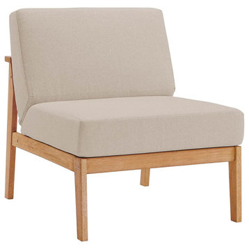 Patio Armless Lounge Chair, Natural Eucalyptus Wood Frame & Taupe Cushioned Seat