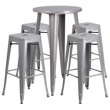 24'' Round Silver Metal Indoor-Outdoor Bar Table-4 Sq Seat Backless Barstools