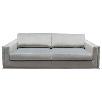 Sofa, Platinum Grey Velvet With Tufted Outside Detail and Silver Metal Trim