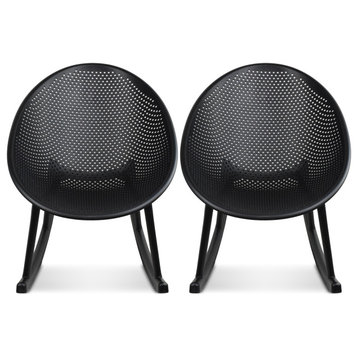 Set of 2 Plastic Rocking Lounge Chair Perforated Egg Shaped Seat Indoor/Outdoor, Black