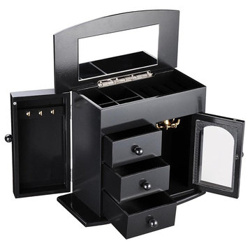 Jewelry Box Case Built-In Mirror Ring Earring Necklace Organizer Storage, Black