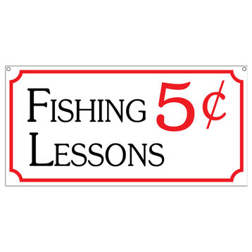 Fishing Lessons, Aluminum Man Cave Lodge Cabin Boat Bar Sign, 6"x12"