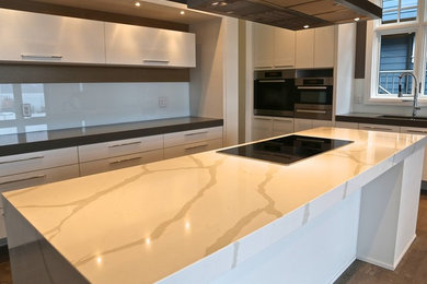 Eat-in kitchen - large contemporary u-shaped eat-in kitchen idea in Vancouver with flat-panel cabinets and an island