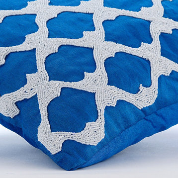 Blue Beaded Lattice Trellis Pattern 16"x16" Silk Pillows Cover, Blue Lagoon