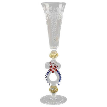 GlassOfVenice Murano Glass Museum Goblet - Engraved with Blue and Red Stem