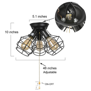 LNC Wire Cage Ceiling Lights, 3-Light Pull String Ceiling Lamp, Black Finish
