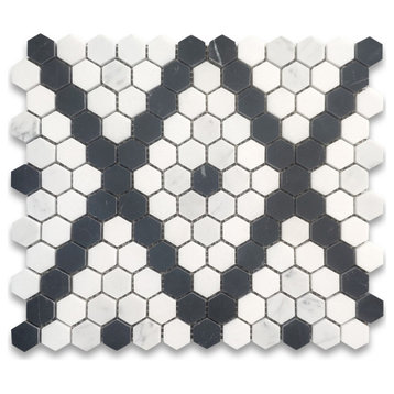Carrara White Marble 1" Hexagon Modern X Pattern Thassos Black Honed, 1 sheet