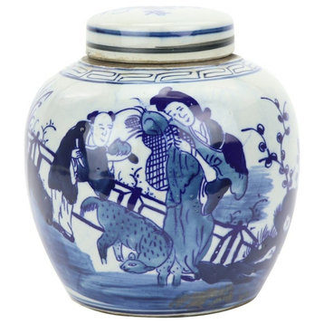 Blue and White Women Motif Motif Porcelain Ginger Jar 6"
