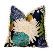 Cotton Pillow, Flower Print and Off White PomPom Trim