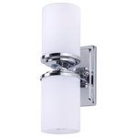 Forte - Forte 2424-02-05 Duo, 2 Light Wall Sconce, Chrome - The Duo contemporary sconce features two cylindricDuo 2 Light Wall Sco Chrome Satin Opal Gl *UL Approved: YES Energy Star Qualified: n/a ADA Certified: n/a  *Number of Lights: 2-*Wattage:75w Medium Base bulb(s) *Bulb Included:No *Bulb Type:Medium Base *Finish Type:Chrome