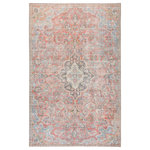Jaipur Living - Jaipur Living Foix Indoor/Outdoor Medallion Red/Light Blue Area Rug, 5'x7'6" - A unique combination of antique rug designs and the durability of an indoor/outdoor construction, the Chateau collection offers vintage vibes to any space. The elegant Foix rug features a distressed, ornate medallion in tones of bright red, blue, and yellow. This zero-pile rug is made of weather-resistant polyester for a flat, durable finish.