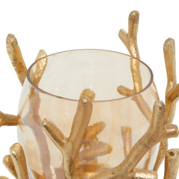 Coastal Metallic Coral Decorative Candle Holder with Round Smoked Glass