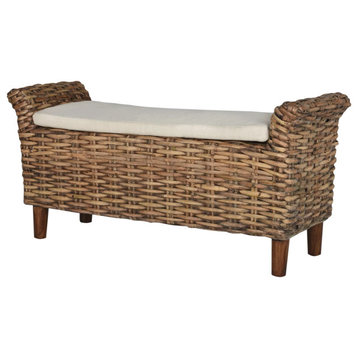 Coastal Accent Bench, Rattan Frame With Arms & Cushioned Seat, Brown/Eggshell