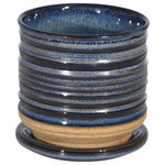 Sagebrook Home - Ceramic 4.5" Textured PlanterWith Saucer, Blue - A circle pattern with texture describes this planter. Looks great with a plant or without one. The natural wood base gives an organic feel.