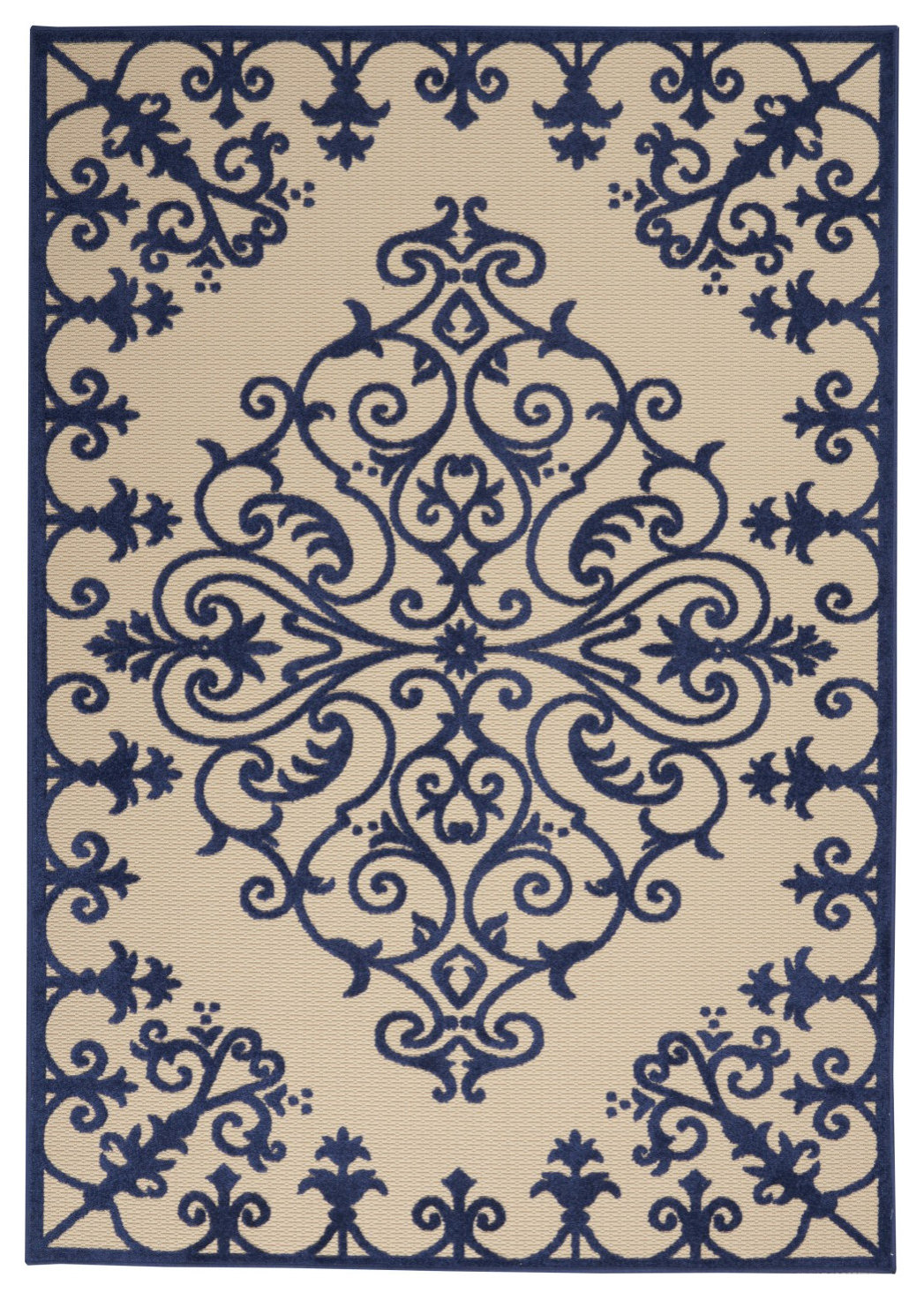 5' X 8' Blue And Ivory Damask Indoor Outdoor Area Rug, 5'3