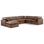 Meridian Furniture - Indulge Upholstered Modular U-Shaped Sectional, Brown, 7-Piece: 3 Armless Chair, 3 Corner Chair, 1 Ottoman, Fiber Stuffed Vegan Leather - Experience ultimate comfort and style with our brown vegan leather Indulge Sectional. The luxurious vegan leather will elevate the aesthetic of any room. This sofa provides ample space for you to relax while its modular build offers the option of unlimited configurations. Whether you're looking to add a stylish element to your living room or a comfortable seating option to your bedroom, this sofa is the perfect choice.