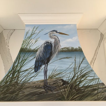 Blue Heron Range Hood Mural hand-painted by Tom Taylor of Mural Art LLC