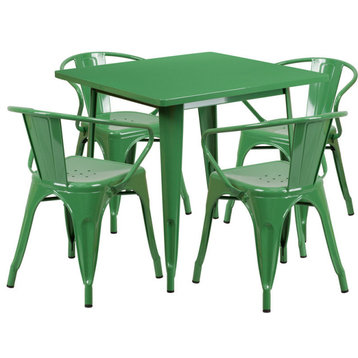 31.5'' Square Metal Indoor Table Set with 4 Arm Chairs, Green, 31.50"x31.50"x29.