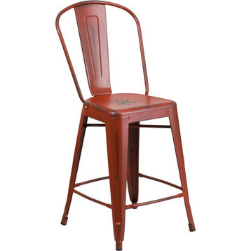 24" High Distressed Kelly Red Metal Indoor Counter H Stool With Back