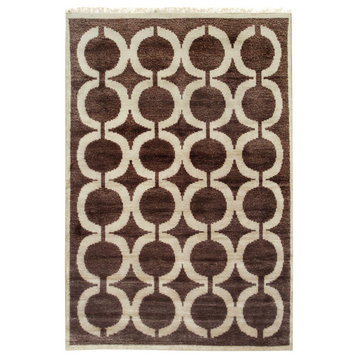 EORC Brown Hand Knotted Wool/Silk Geometric Sik Knotted Rug 6' x 9'