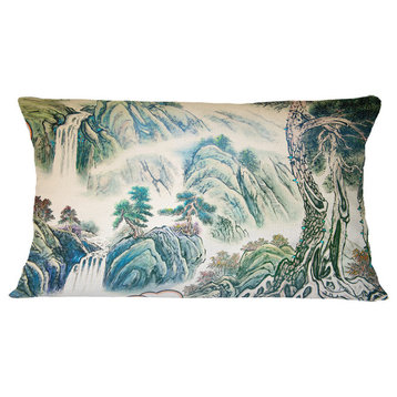 Blue Chinese Landscape Painting Floral Throw Pillow, 12"x20"