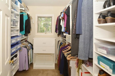 Mid-sized transitional gender-neutral carpeted walk-in closet photo in Cincinnati with flat-panel cabinets and white cabinets