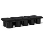 Meridian Furniture - Pavilion Black Boucle Fabric Bench, Black, Black Finish, 90" W X 31" D X 17.5" H - Bring valuable seating and remarkable style to your space with this black Pavilion Boucle Fabric Bench, an exquisite balance of style and usability for the entryway, bedroom, and beyond. Crafted from oak veneer with a black finish, this bench has a 4-inch-thick seat cushion that's channel-tufted for a touch of luxury. The bench's columnar bases add a dash of Art Deco design, making it a captivating focal point in any room.