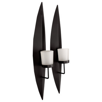 18"x3.5" Candle Wall Sconce Holder With Glass Black Metal Wall Decor Set of 2