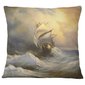 Vessel in Stormy Sea Seascape Throw Pillow, 16"x16"