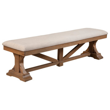 Benzara BM283851 69" Dining Accent Bench Beige Fabric Cushion, Pine Wood, Brown