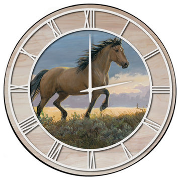 Wall Clock, Buckskin Stallion, 24"x24", White, Woodgrain Accent