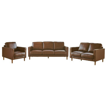 3-Pieces Top Grain Leather Livingroom Set, Chestnut Brown, Sofa Loveseat & Chair
