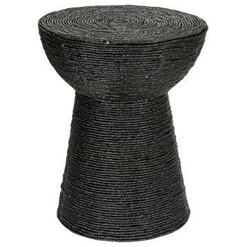 Coiled Corn Rope Round Accent Table, Natural, Black