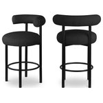 Meridian Furniture - Bordeaux Upholstered Stool, Black, Boucle Fabric, Matte Black, Set of 2 - Give your kitchen counter or home bar a fresh face with this Bordeaux boucle fabric stool. This stool features rich black boucle fabric upholstery on the curved back and seat, so guests sit comfortably for pancake breakfasts or their favorite spirits. The iron metal frame is durable, tough, and sturdy, so it holds up to long-term enjoyment by family and friends. A matte black finish lends the stool an uber modern feel.