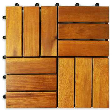Patio Floor Tiles, 12”x12”, Solid Wood Interlocking, Natural, Square Set of 10