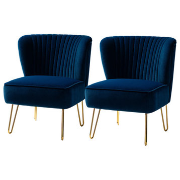 Upholstered Accent Side Chair With Tufted Back Set of 2, Navy