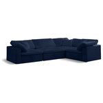 Meridian Furniture - Cozy Velvet Upholstered Comfort L-Shaped Modular Sectional, Navy, 4-Piece: 1 Armless Chair, 3 Corner Chair - Bring home this Cozy 4-piece sectional for a fresh new look. Embrace casual elegance with this Cozy velvet cloud-like comfort modular fiber-filled seating option. Handsome from all angles, this piece features soft navy velvet upholstery to make it an easy fit in any room. This modular piece can be combined with other items in the Cozy collection to create a seating group of your dreams. The cushions on this piece are exceptionally comfortableand filled with fiber for luxury that you deserve as you rest and relax.