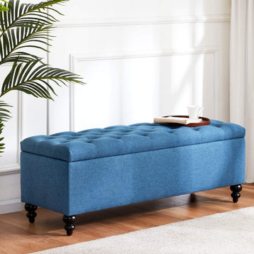 Button-Tufted Ottoman with Storage in Upholstered Fabrics, Large Storage Bench