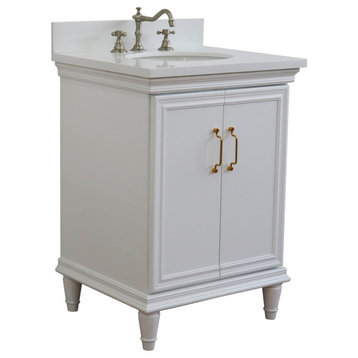 25" Single Vanity, White Finish With White Quartz And Oval Sink