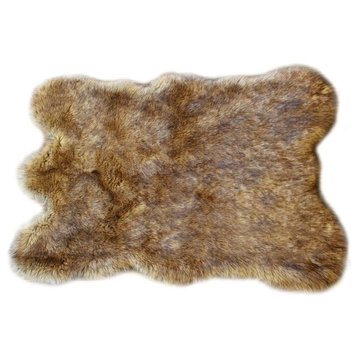 Faux Fur Light Brown Wolf With Bear Throw Rug, 4'x5'