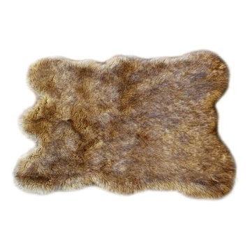 Faux Fur Light Brown Wolf With Bear Throw Rug, 4'x5'